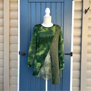 John Fashion Green Mixed Knit Ruffle Crochet Asymmetrical Women Size Large